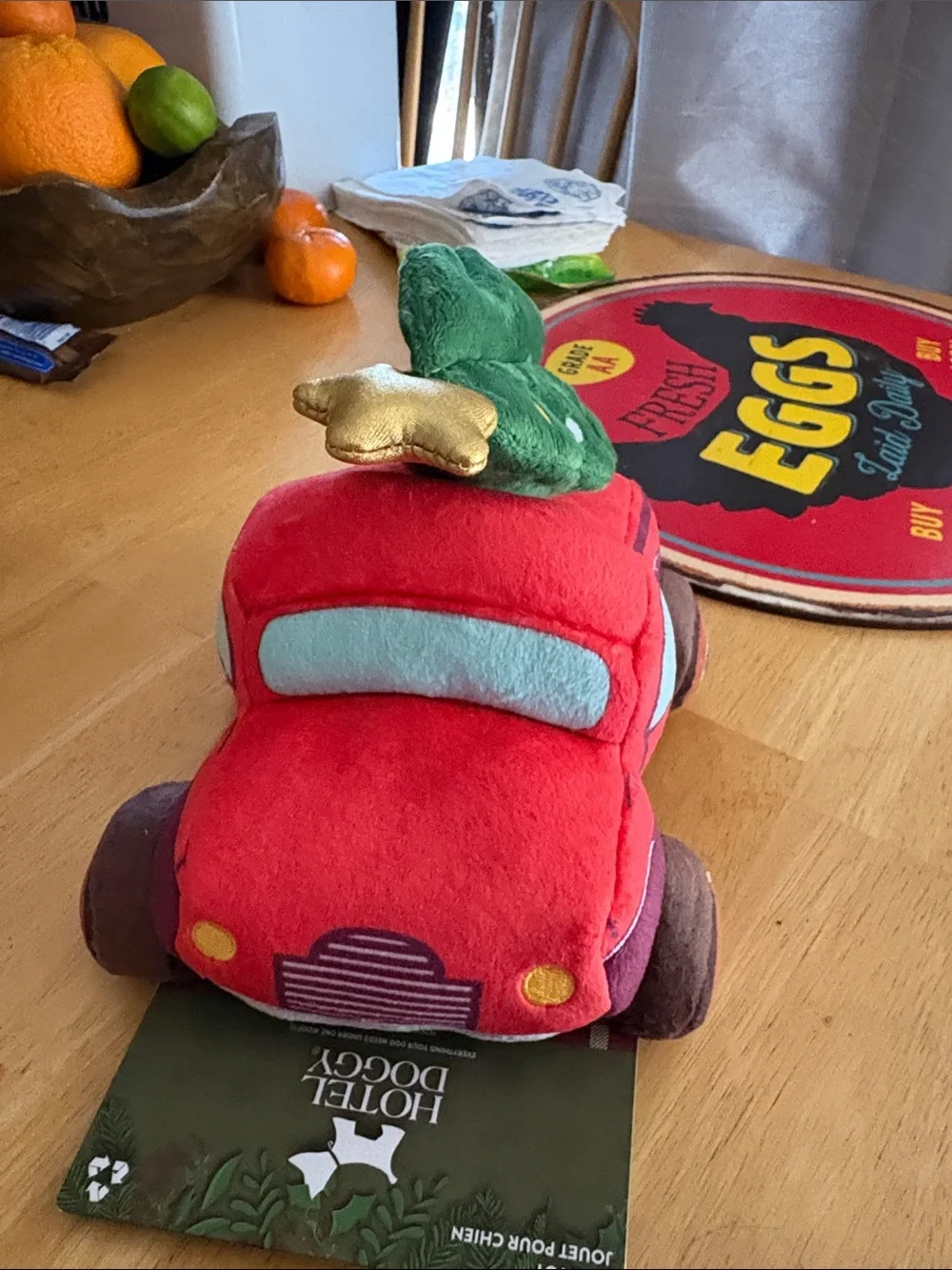 Plush Red Dog Toy Truck with Green Tree - Pet Soft Squeaky Toy